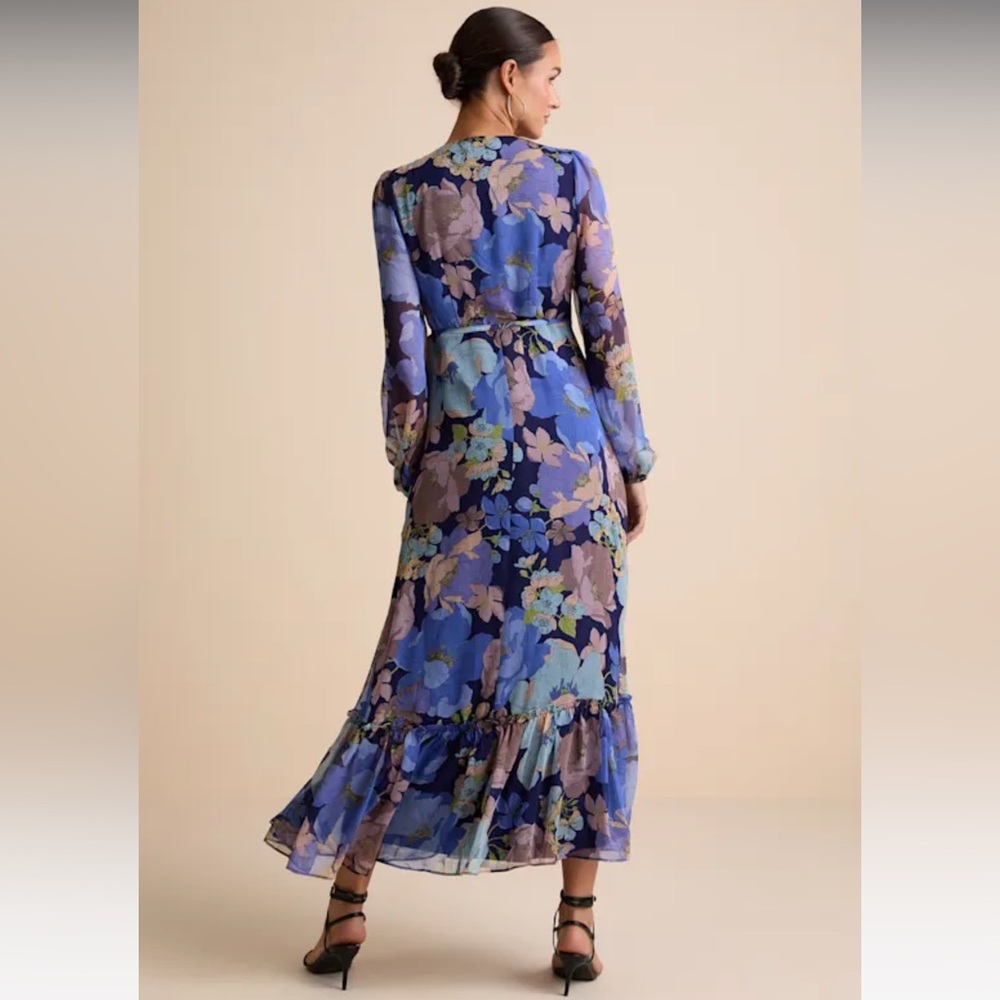 Lulus Feeling Sweet Navy Floral Print Long Sleeve Wrap Maxi Dress Blue - Size XL - Picture 5 of 5